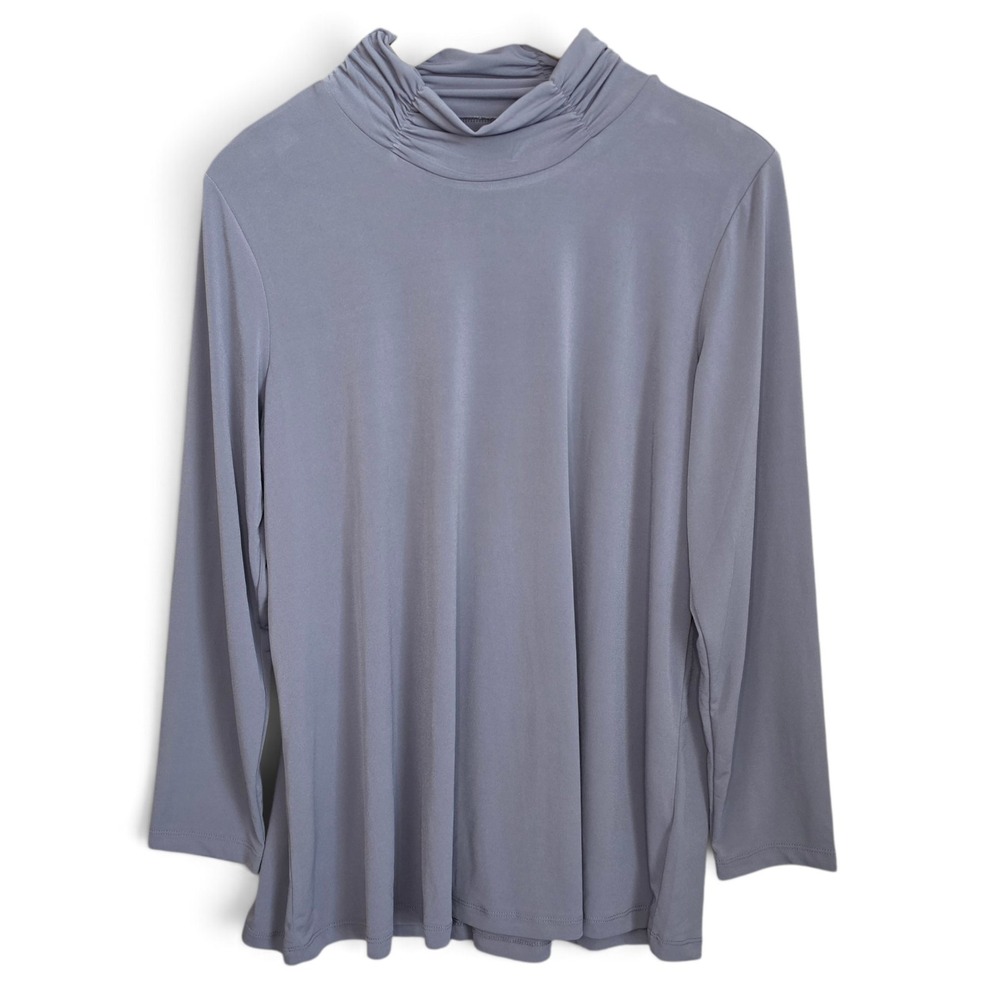 Susan Graver Modern Essentials Top Womens LP Gray Mock Neck Liquid Knit Blouse